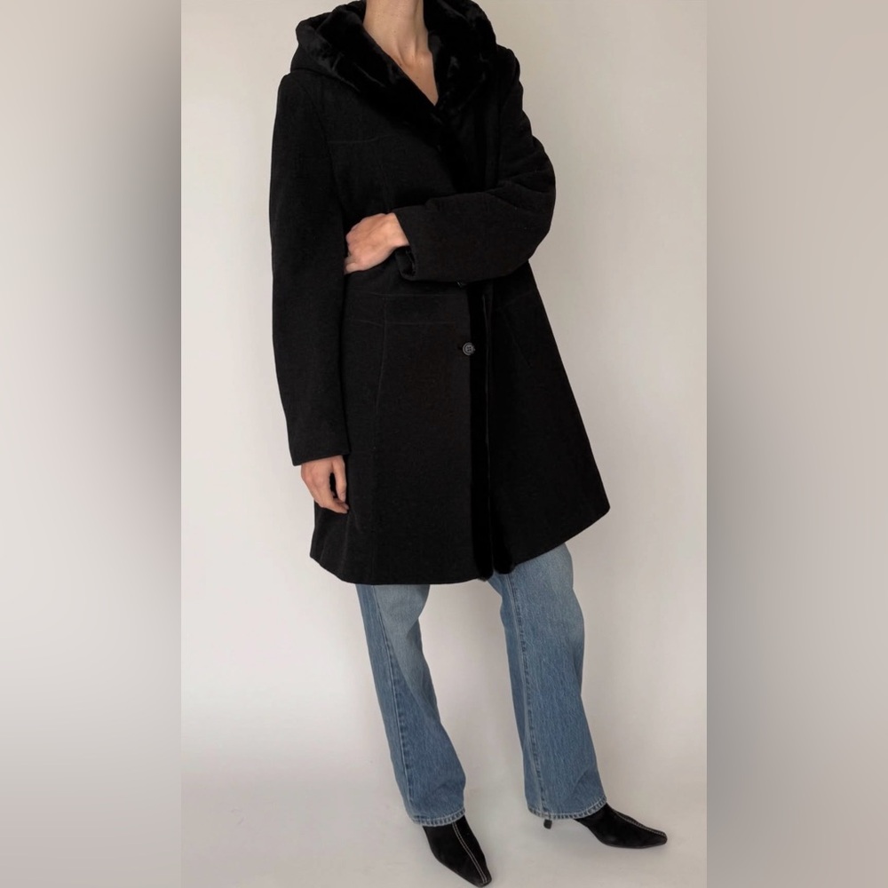 VINTAGE WOOL HOODED COAT FAUX FUR TRIM DARK GREY